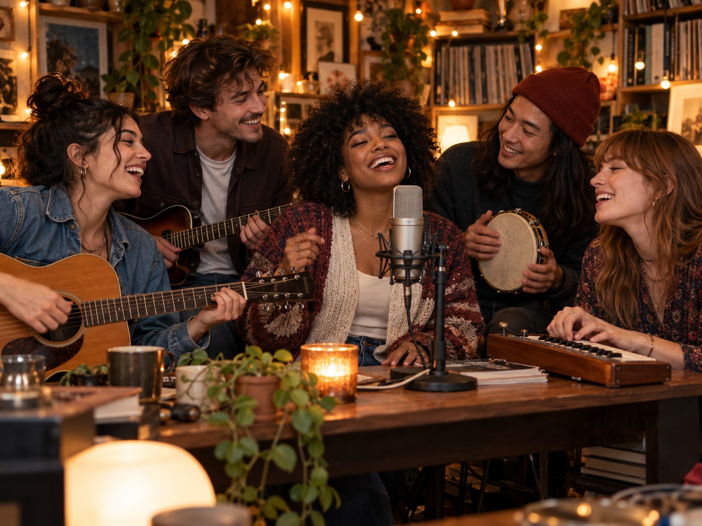 Five friends performing a Tiny Desk band video around a desk-concert microphone