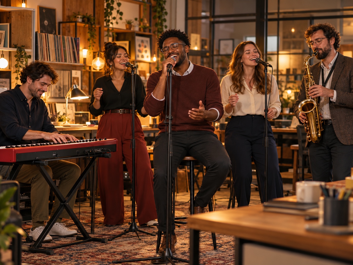 Five coworkers performing as a complete Tiny Desk band with lead singer, keyboard, sax and backup singers