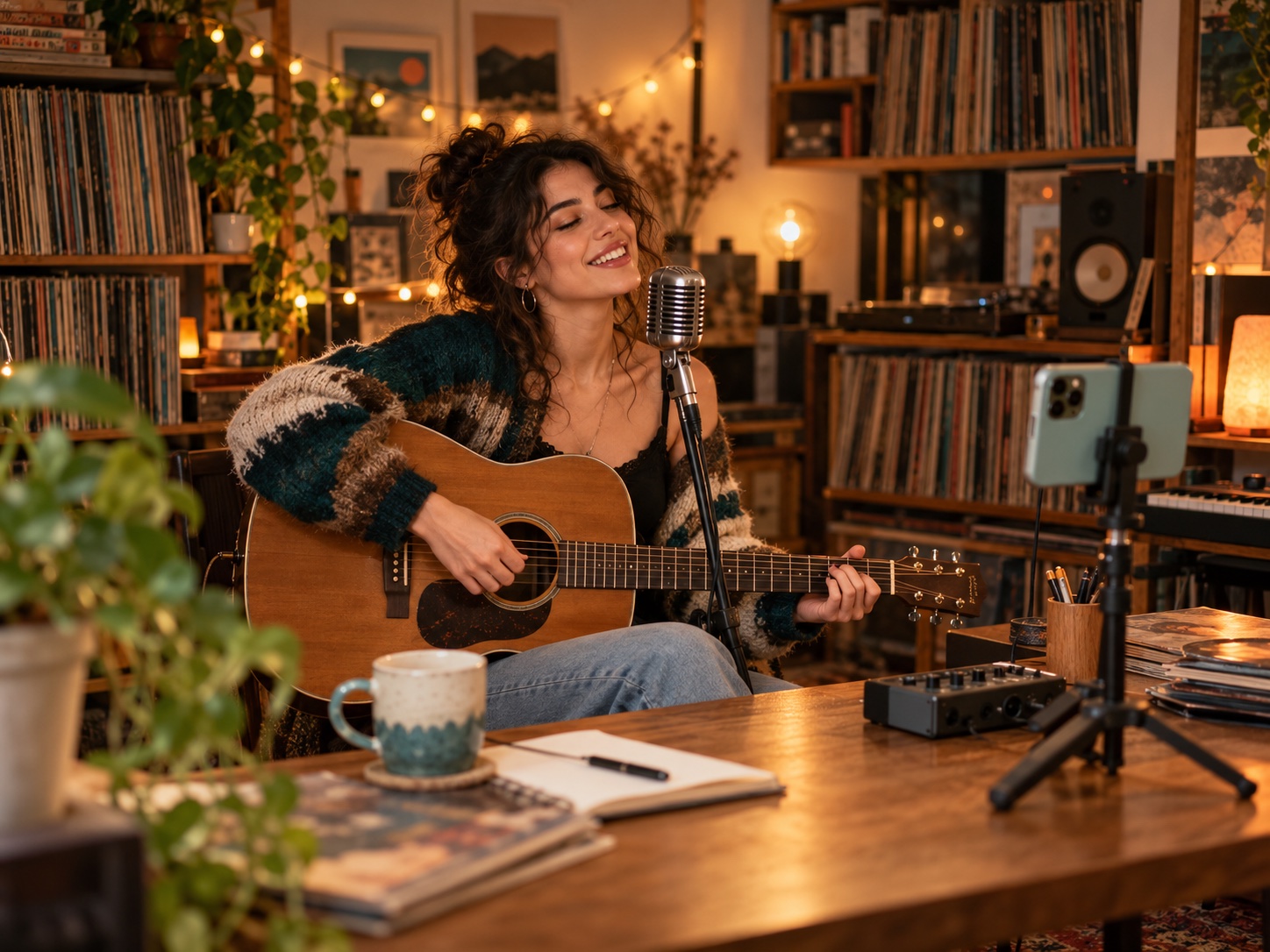 A solo creator in a Tiny Desk concert parody, singing into a desk microphone with a phone recording on a tripod
